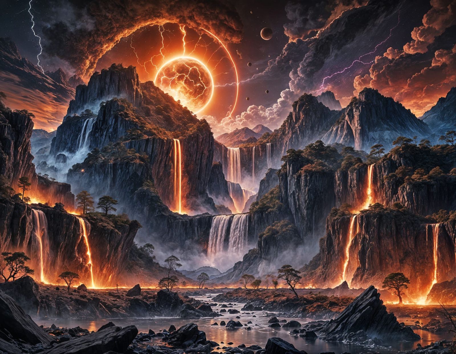 Planetary Collision Over Burning Landscape in Anime Style