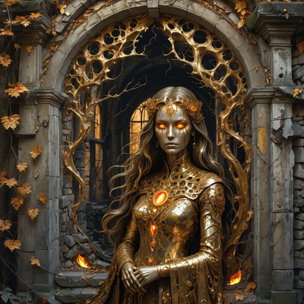 Ethereal Golden Priestess in Abandoned House