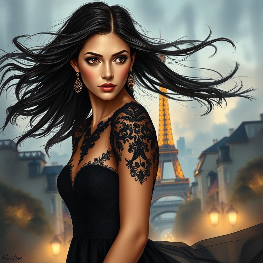 Enchanting Woman in Elegant Evening Gown with Eiffel Tower