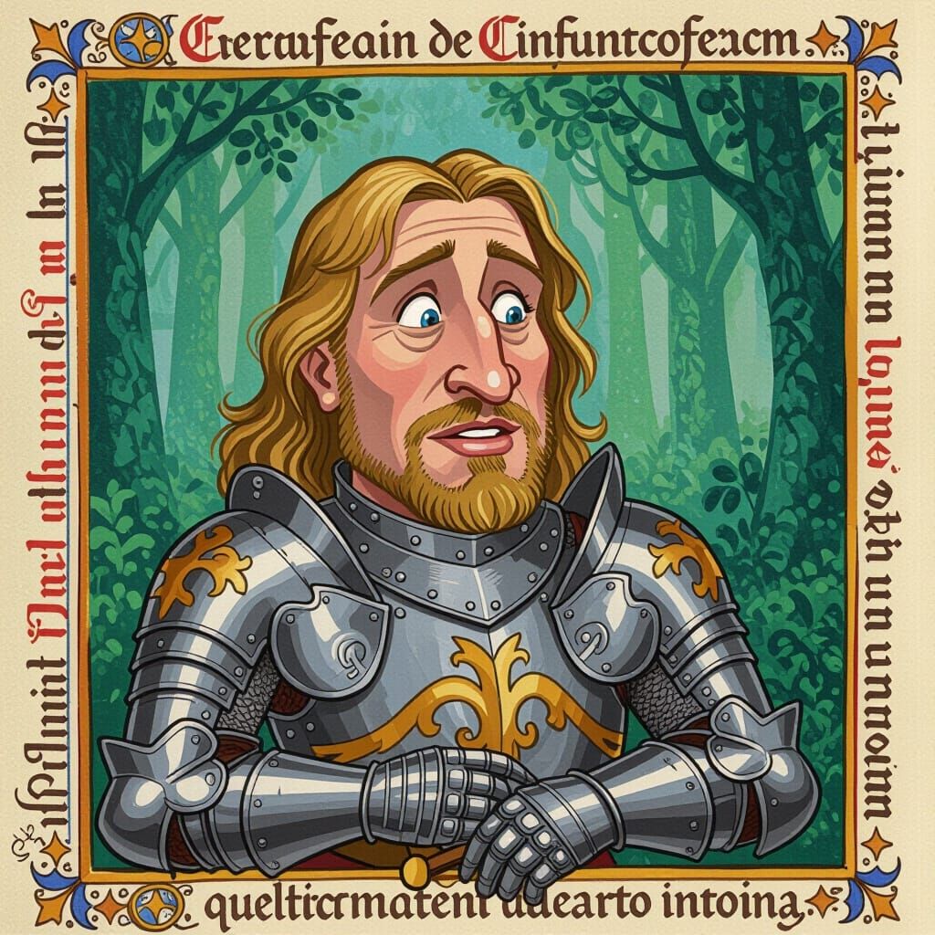Medieval Knight Caricature in Illuminated Manuscript Style