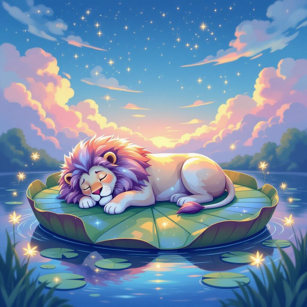 Celestial Lion Sleeps on Floating Lily Pad in Gouache Style