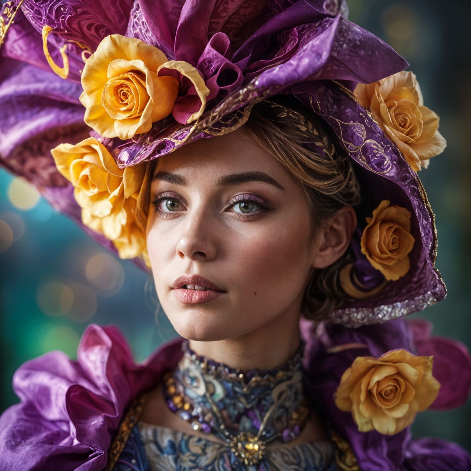 Fantasy Woman with Elaborate Hat in Cinematic Style