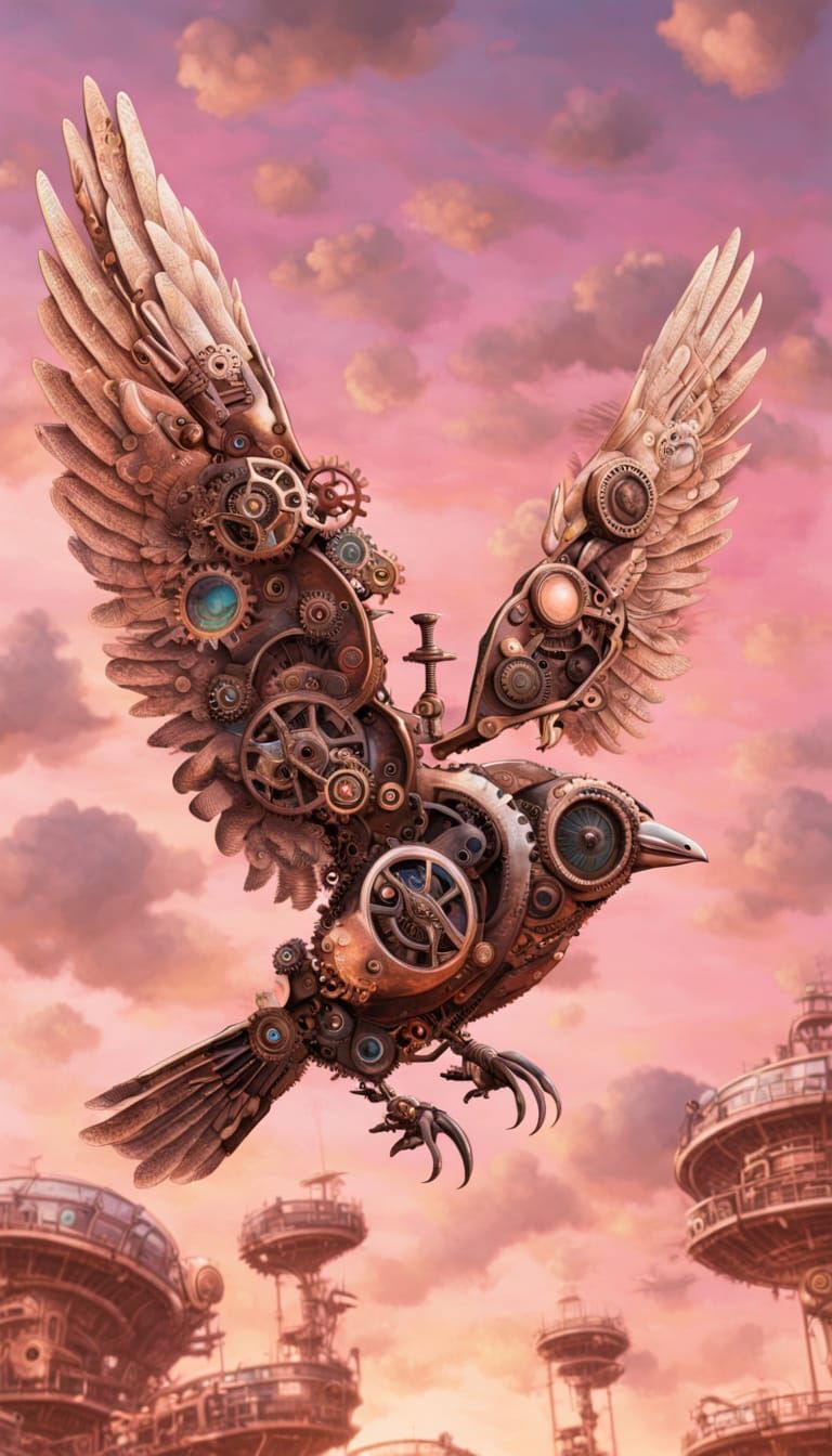 Steampunk Xeme Bird in Flight: Hyperrealistic Art
