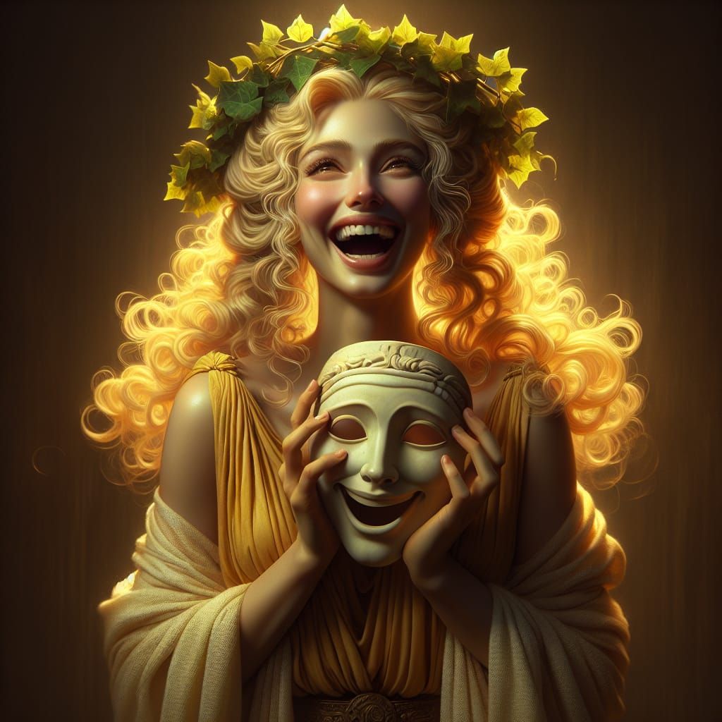 Thalia, Greek Goddess of Comedy, Laughing with Comic Mask