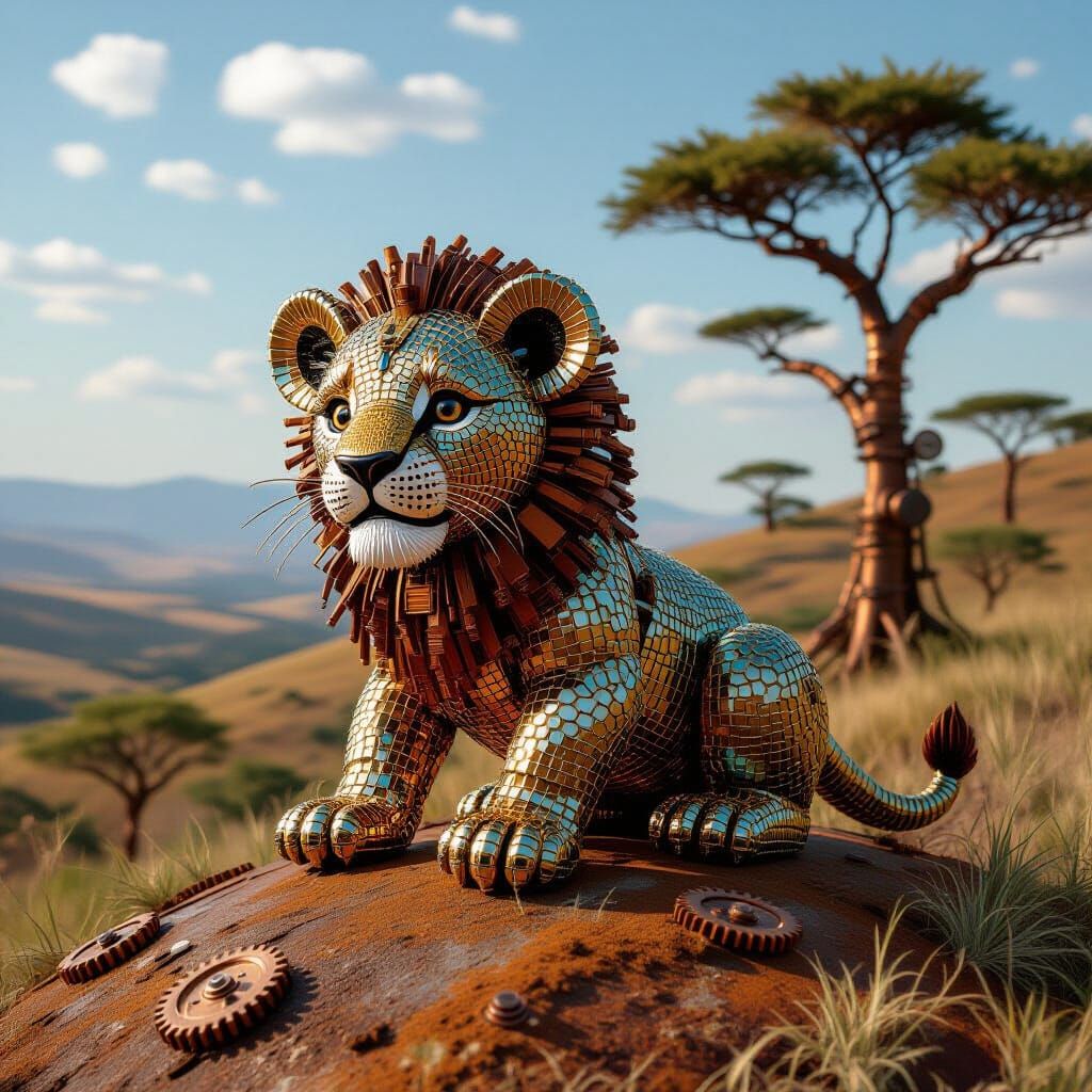 Glass Lion Cub on Rusty Hill in Steampunk Savanna