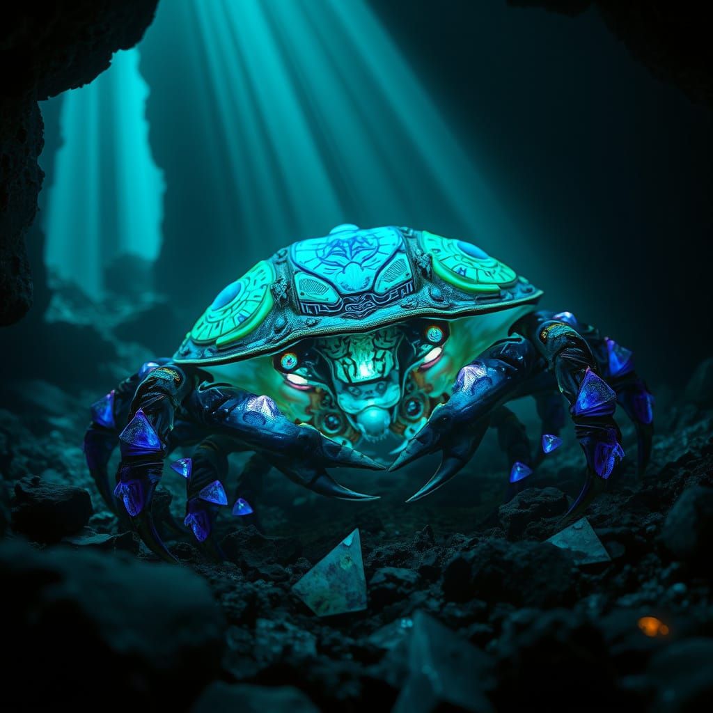 Bioluminescent Crab in Sunken Steampunk City
