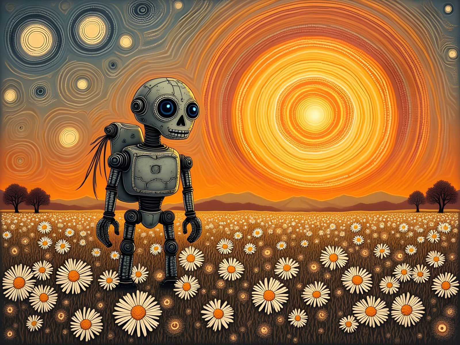 Cute Robot Among Daisies With Ancient Energies