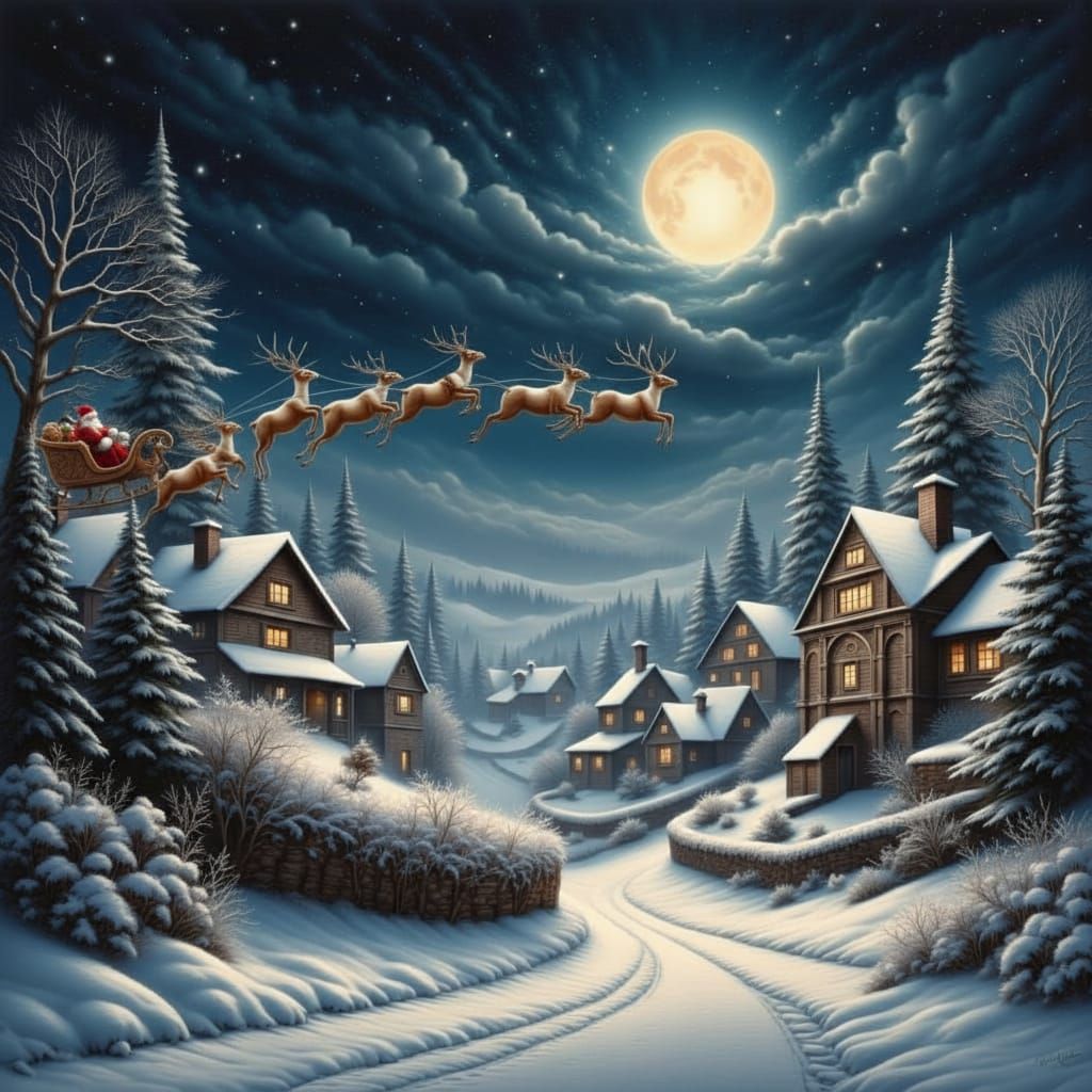 19th Century Village Christmas Eve Painting