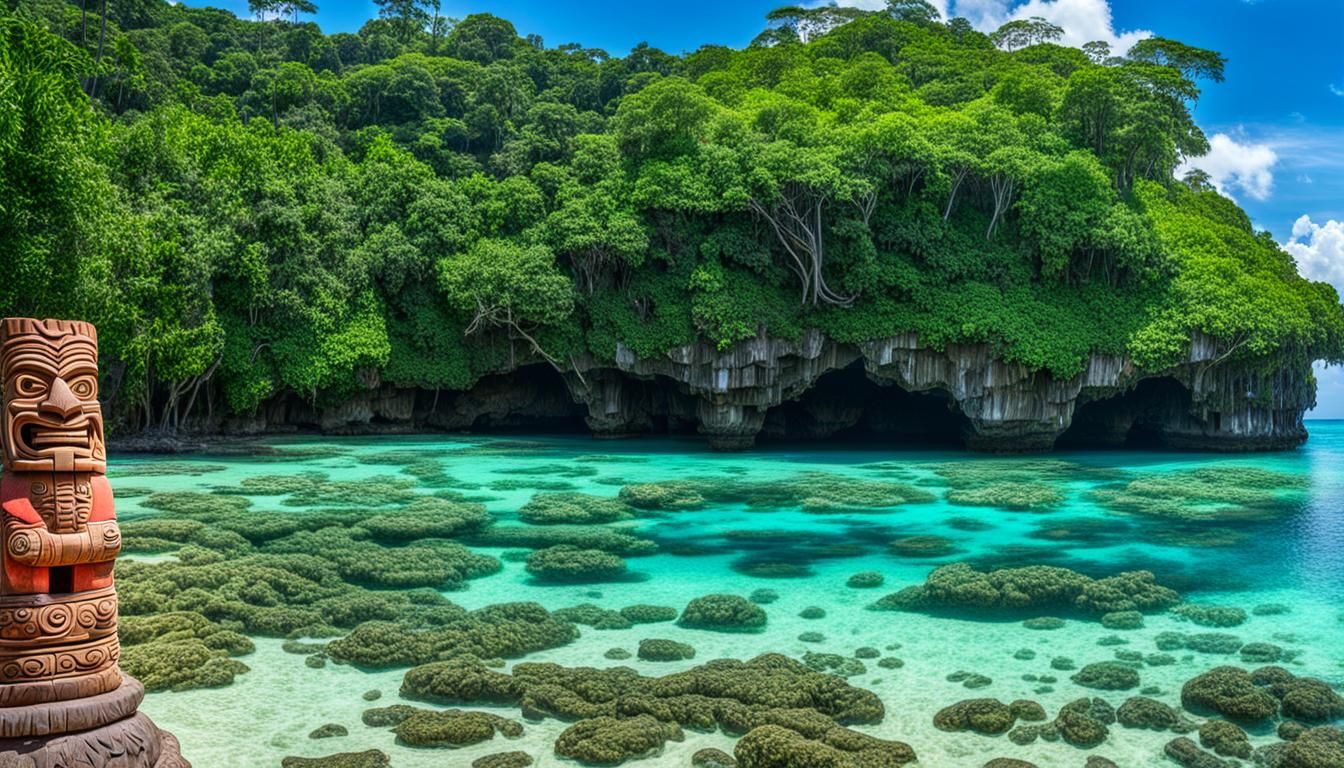 Tropical Beach Paradise with Tiki Statues