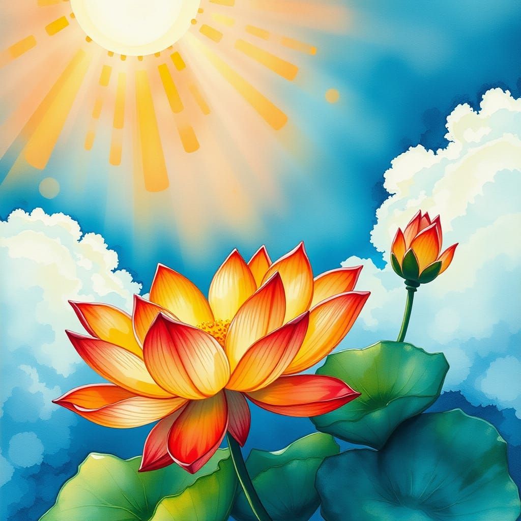 Surreal Lotus Blooms Amidst Heavenly Sunshine Beams