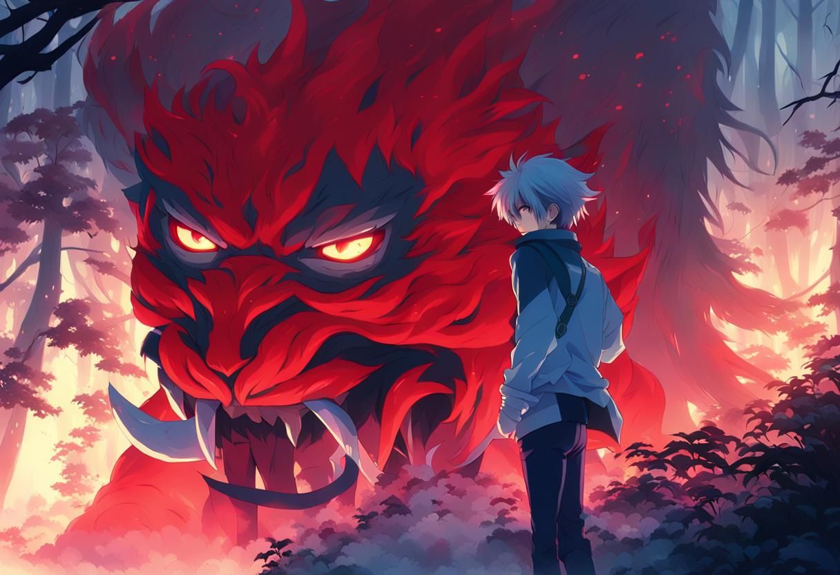 Mystical Boy Stands Strong Against Fiery Oni in Vibrant Anim...