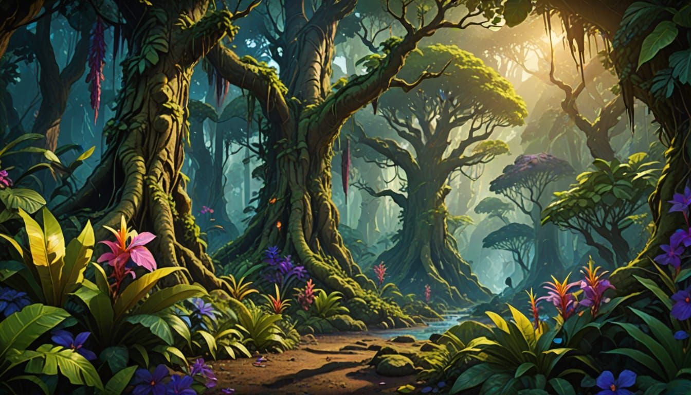 Lost Hawaiians in Ancient Forest, Vibrant Oil Painting Style