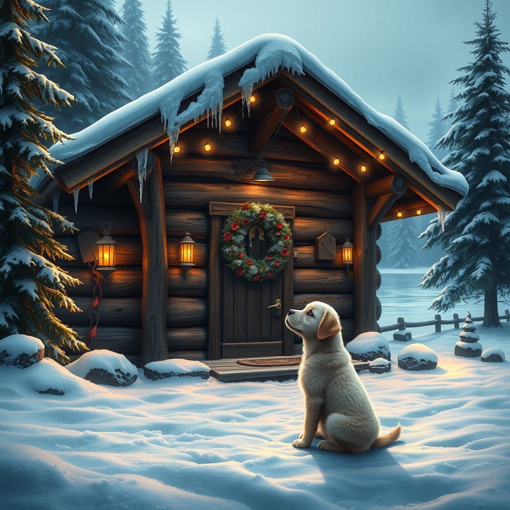 Snowy Log Cabin Scene with Curious Puppy