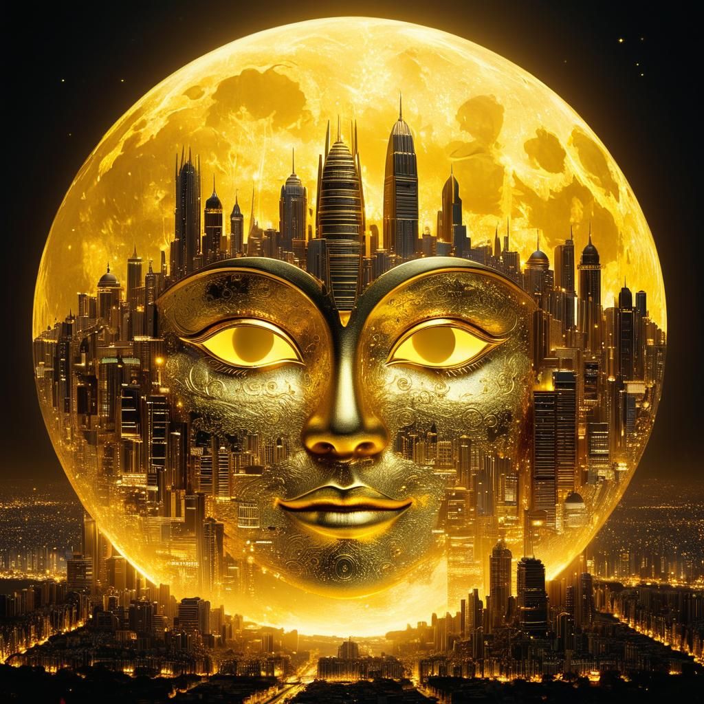 Golden City Blends into Moon Face: Dreamlike Art