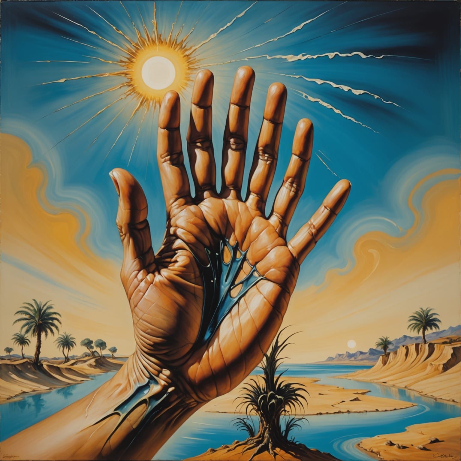 Surreal Hand with Crystal Tree, Dali-Inspired Art