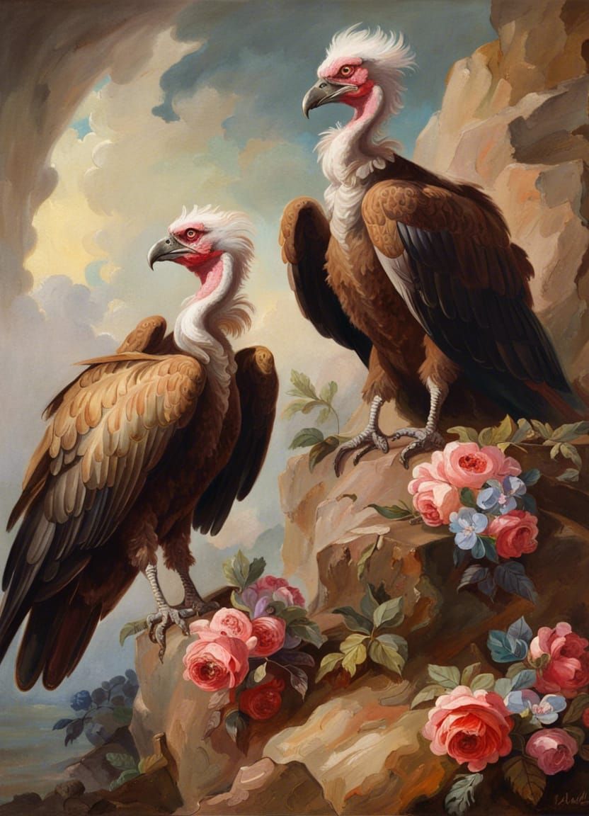 Vultures in Rococo Style Oil Painting