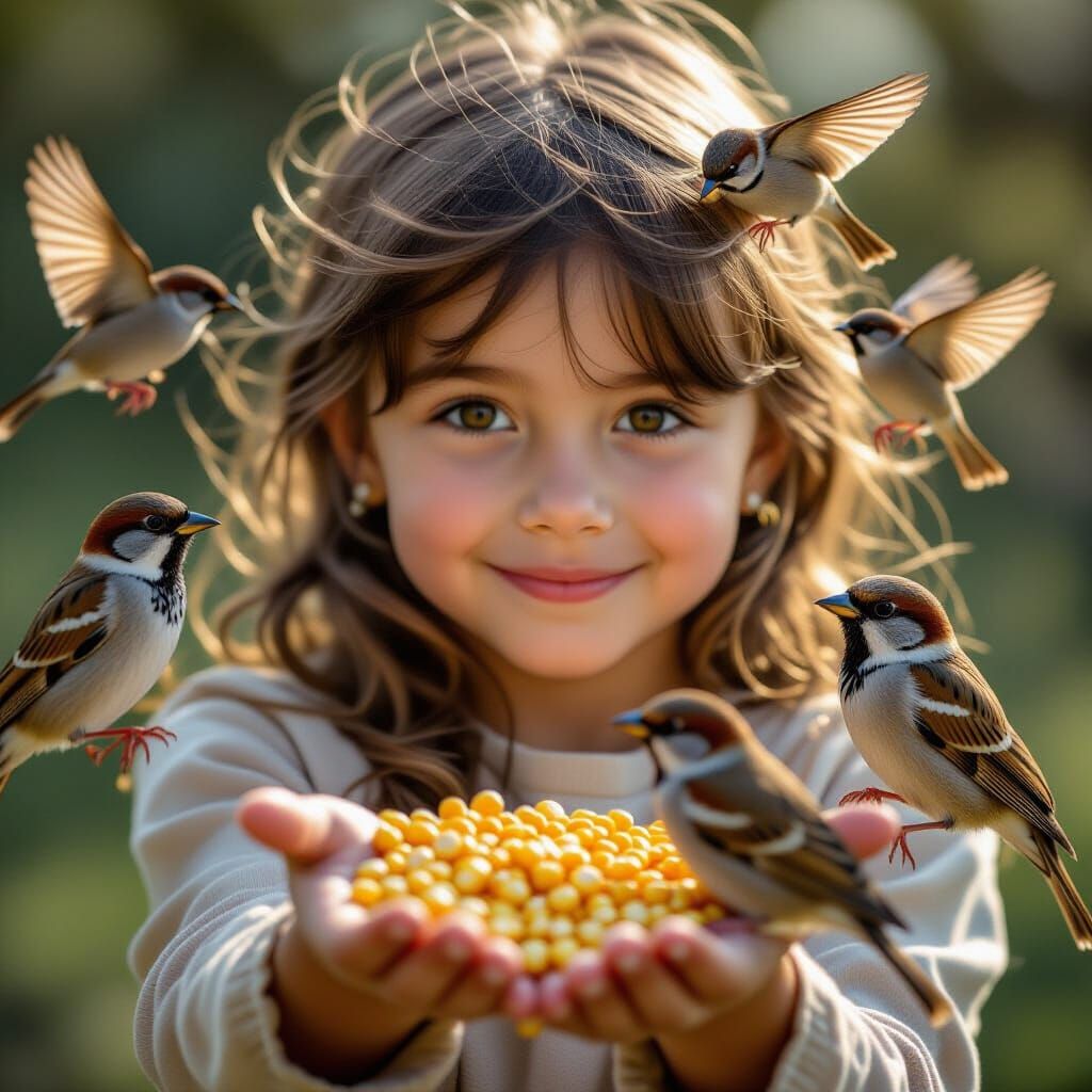 Girl Feeds Sparrows by Hand in Golden Hour Light