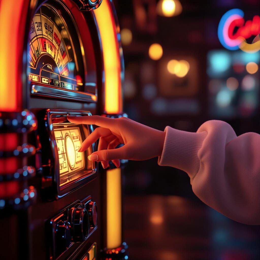 Pixar Style 3D Close-Up: Hand Reaching for Jukebox Button