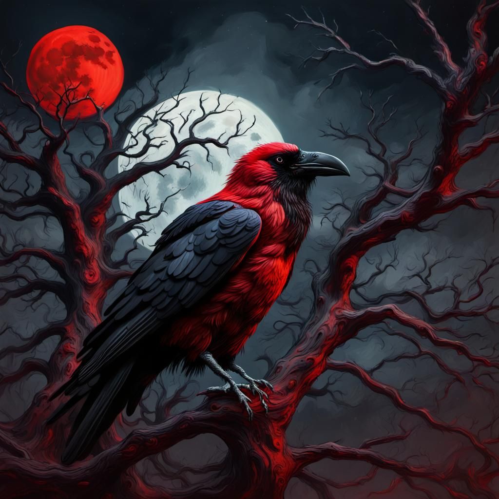 Gothic Raven Under Red Moon: Impressionist Masterpiece