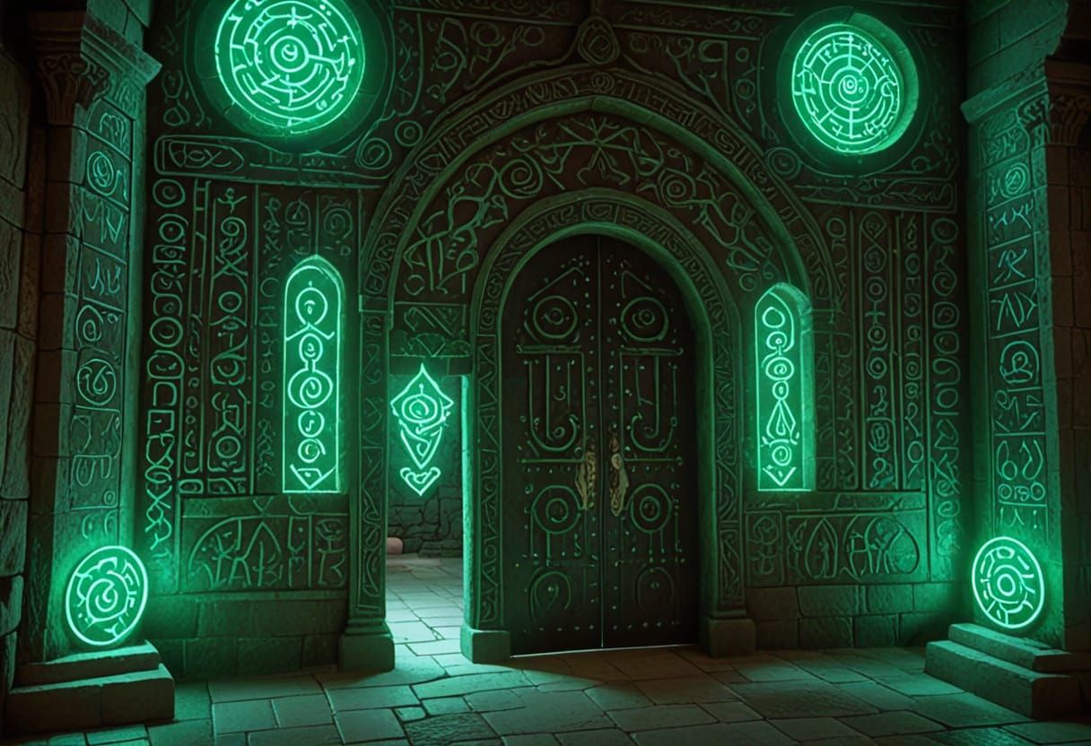 Mystical Creature Amidst Ancient Temple Ruins in Neon Green