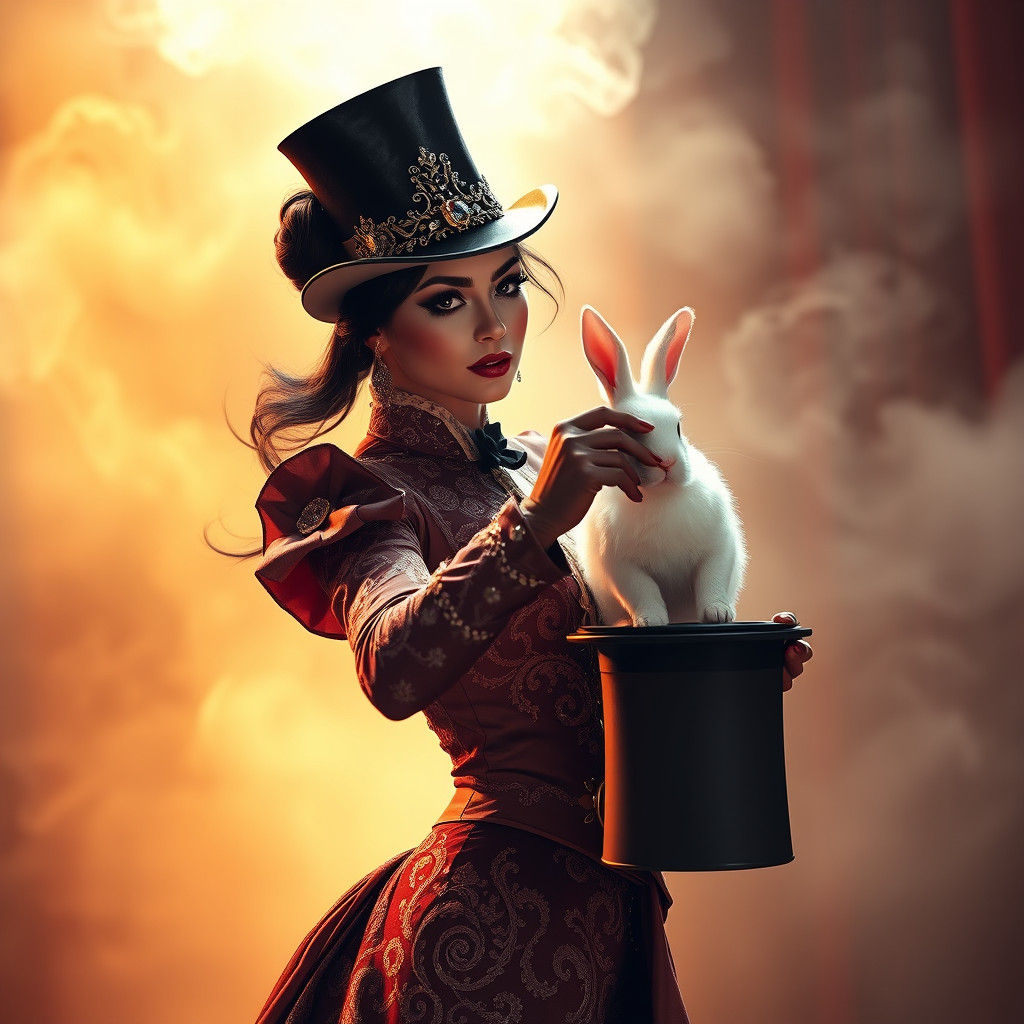 Victorian Magician with Rabbit on Misty Stage