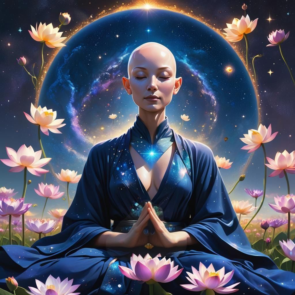 Goddess Meditating Above Iridescent Flowers