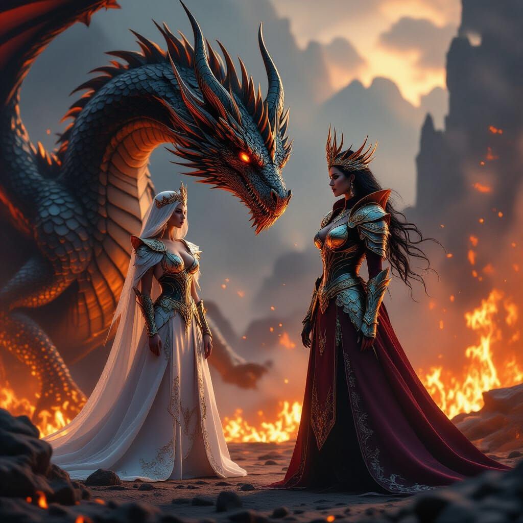 Dragon Queen and Ancient Dragon in Fiery Fantasy Landscape