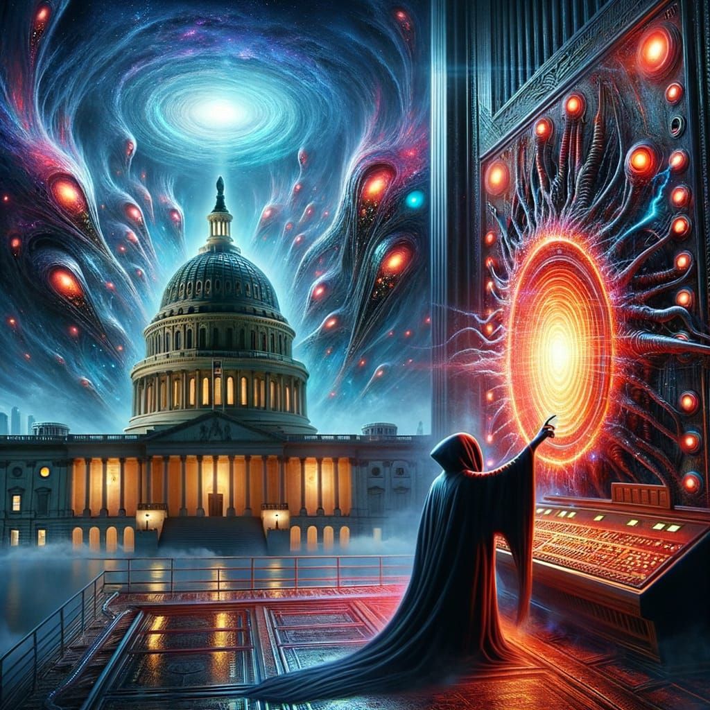 Surrealist Scene of Cosmic Invasion in a Government Building