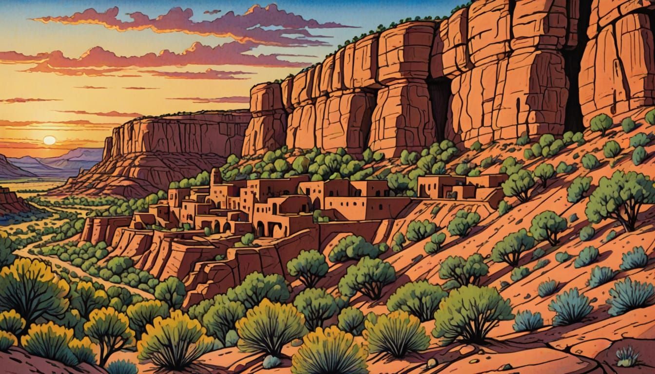 Pueblo Indian Cliff Scene in Vibrant Colors
