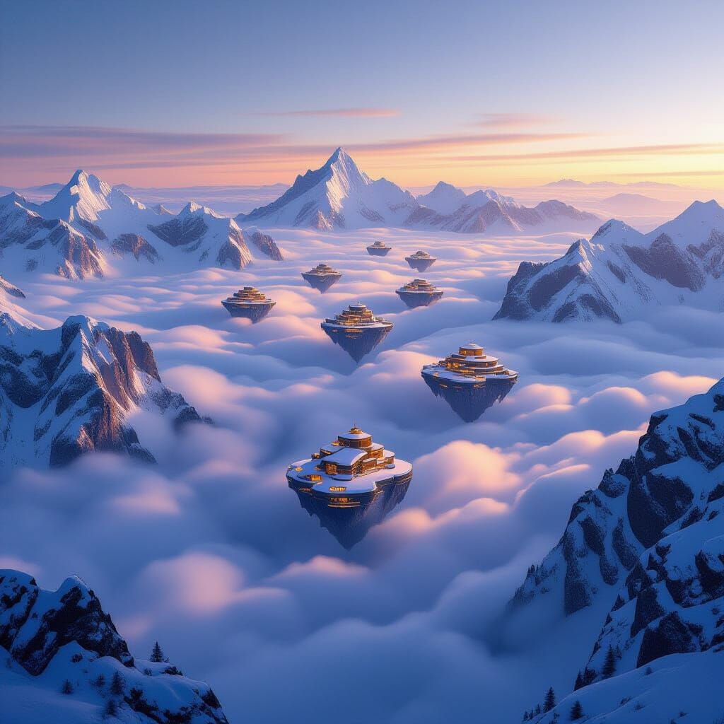 Floating Islands Above Snowy Peaks at Sunset