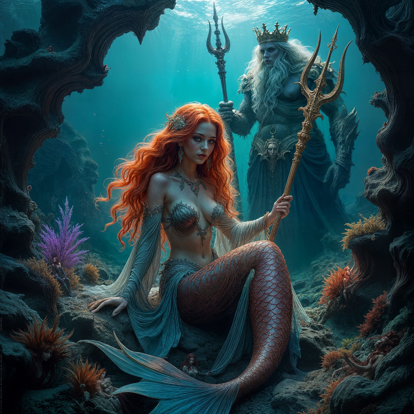 Red-Haired Mermaid Queen in Underwater Fantasy