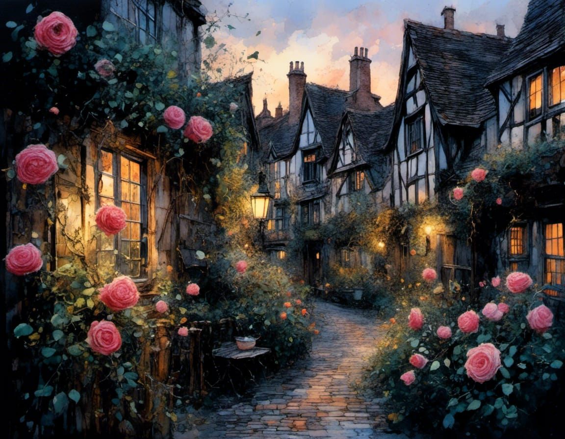 Charming Alley with Roses at Dusk
