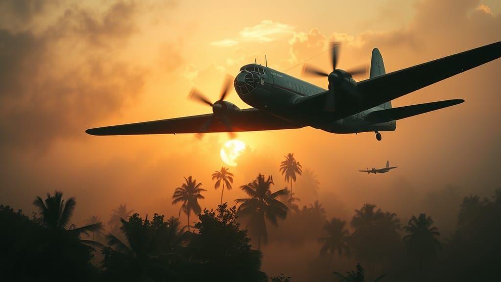 DC-3 Sweeps Over Misty Jungle at Sunrise