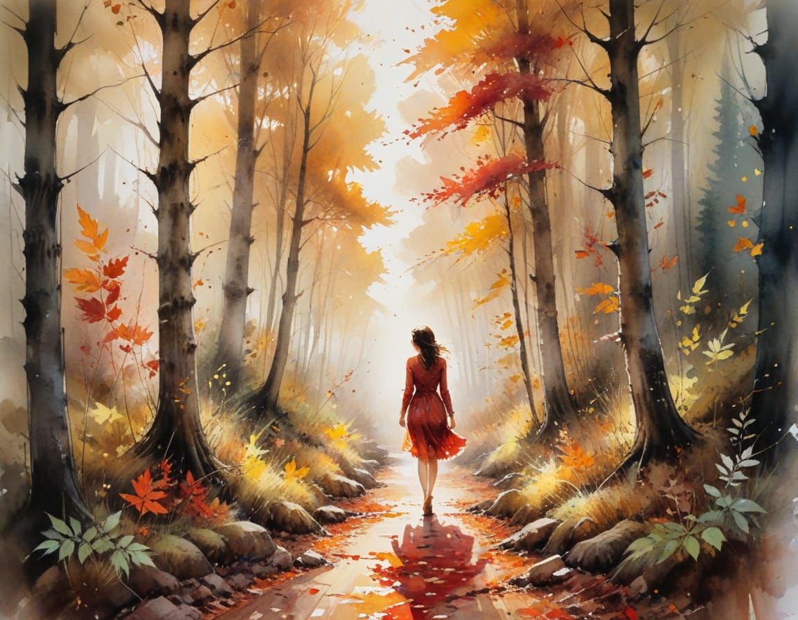 Impressionistic Watercolor Autumn Forest Path with Sunlight