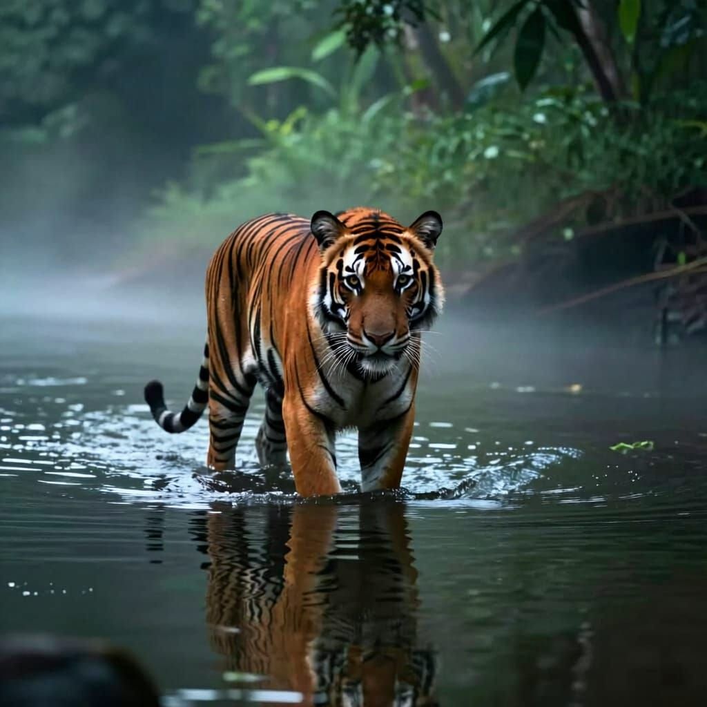 Bengal Tiger in River Mist at Dawn