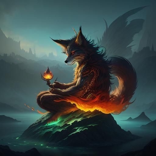 Fiery Nine-Tailed Fox Deity in Ethereal Cityscape