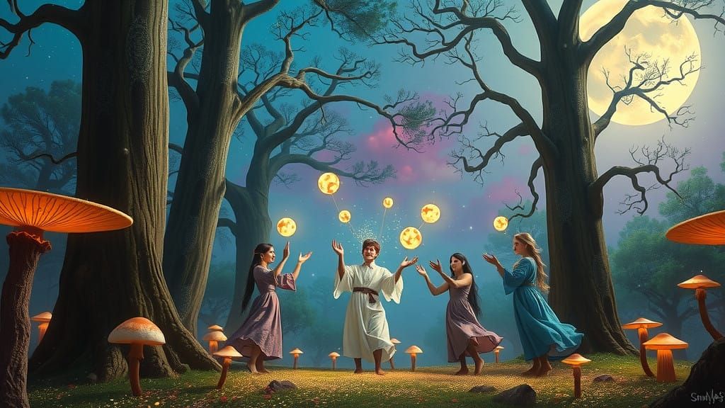 Enchanted Forest Jugglers Dance Under Starlight