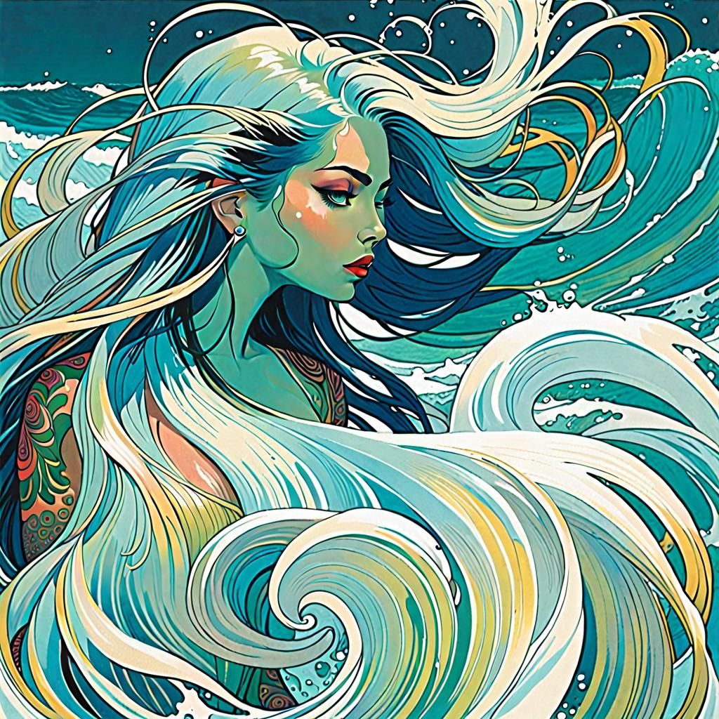 Tattooed Woman Emerges from Waves: Fine Art Illustration