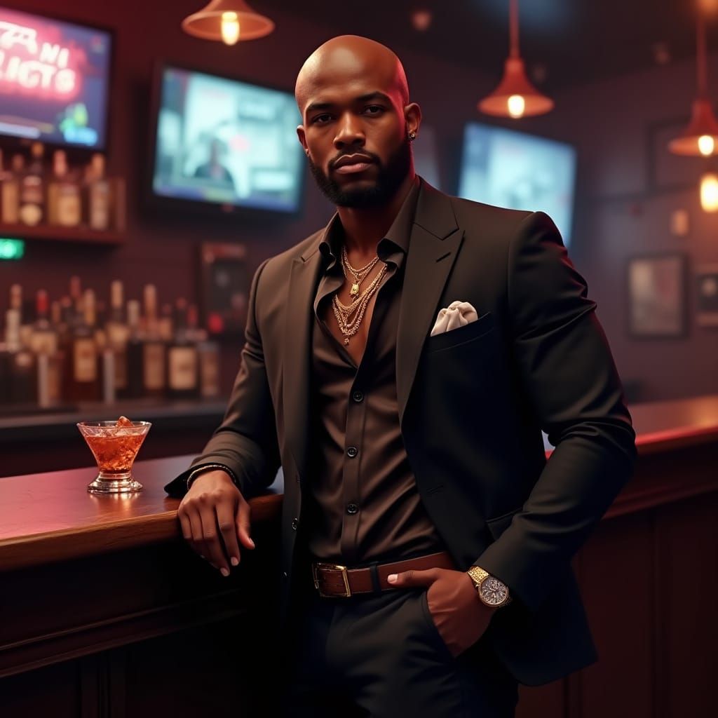 Athletic Man in Blazer at Nightclub Bar