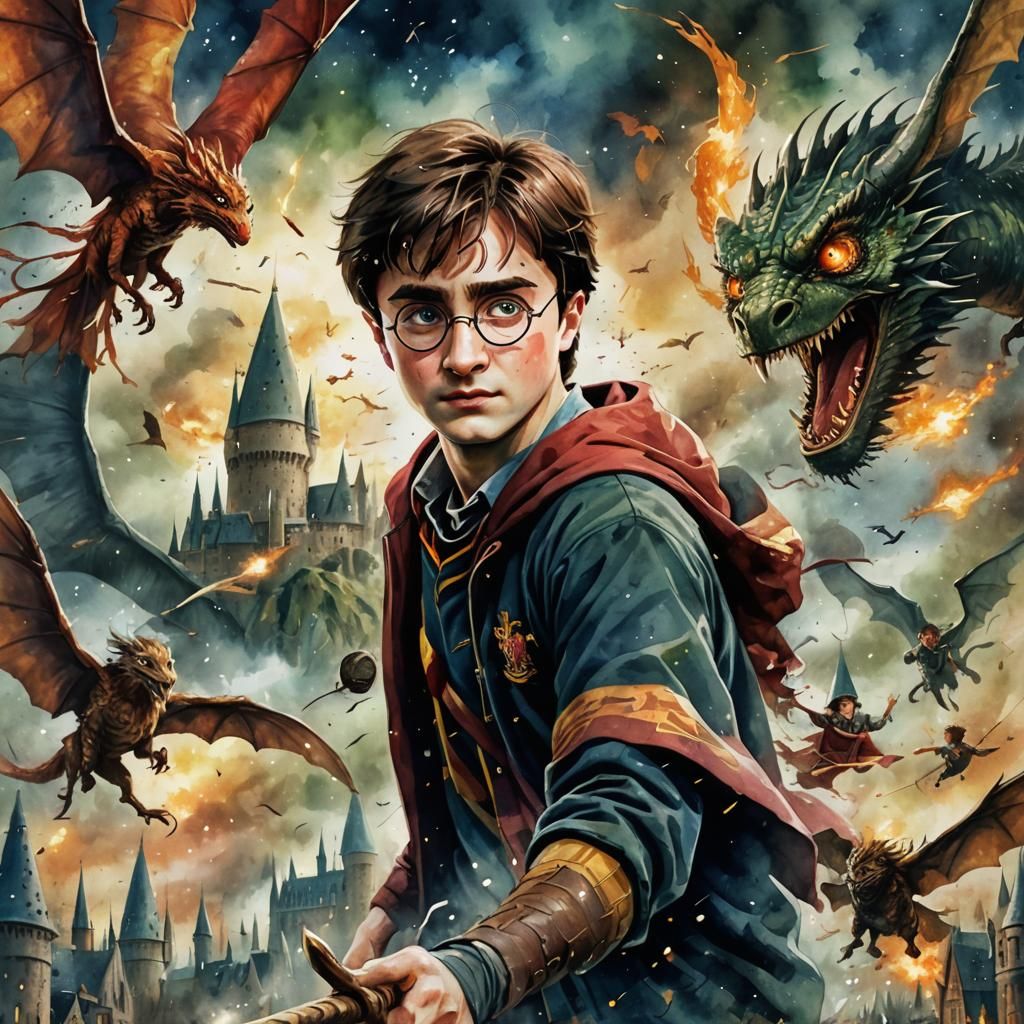 Harry Potter Portrait with Quidditch and Dragon