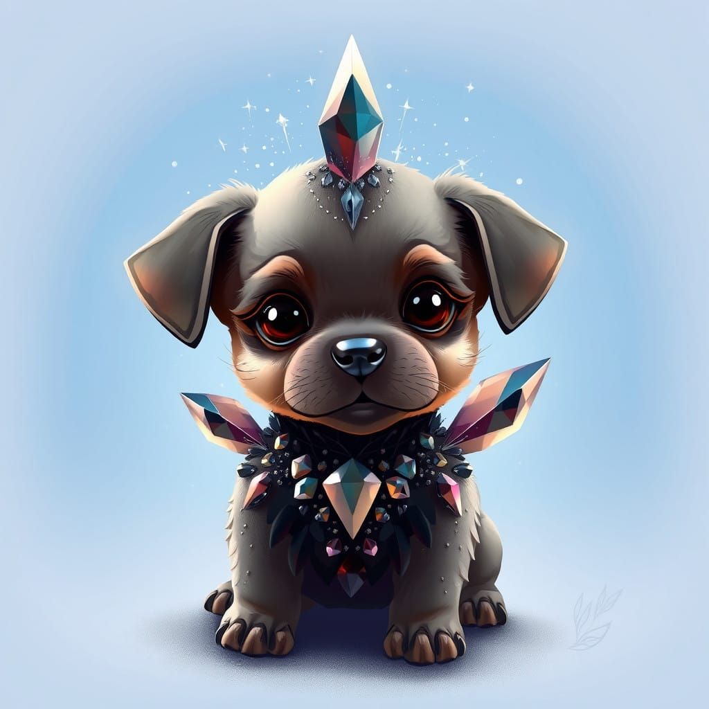 Enchanted Black Crystal Puppy in Whimsical Futuristic Style