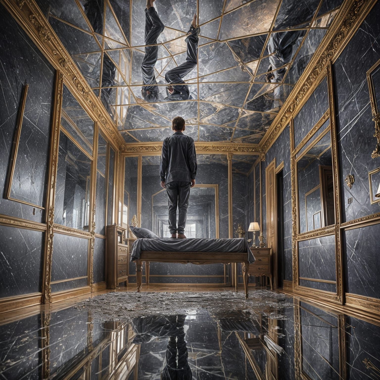 Surreal Upside Down Bedroom in Reflected Nightmare