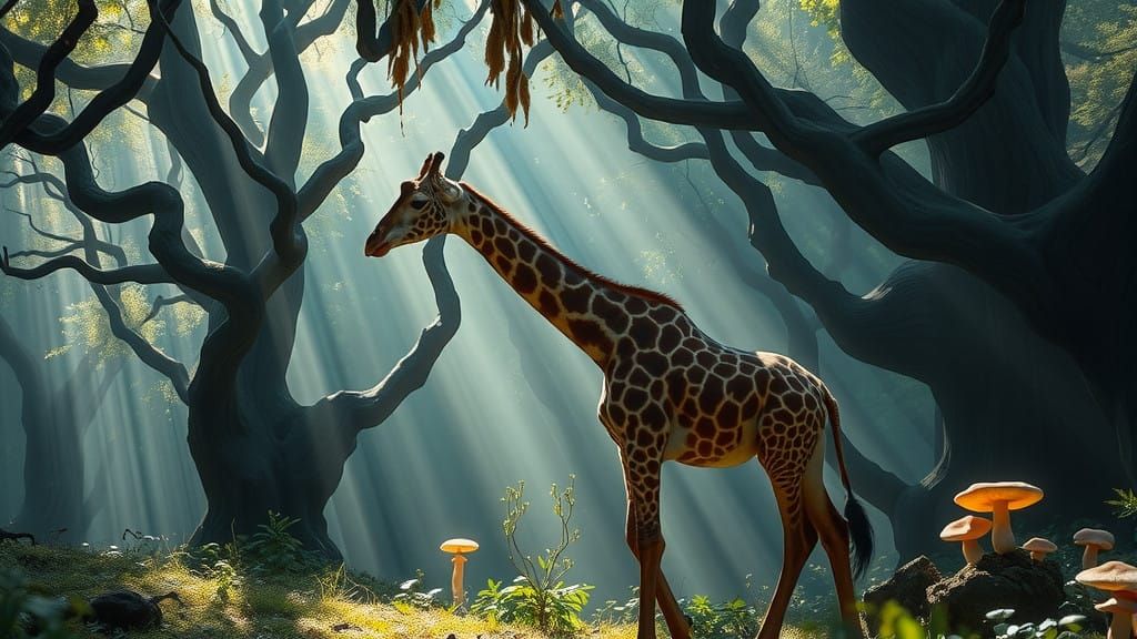 Majestic Giraffe Steps into Fantastical Forest Landscape