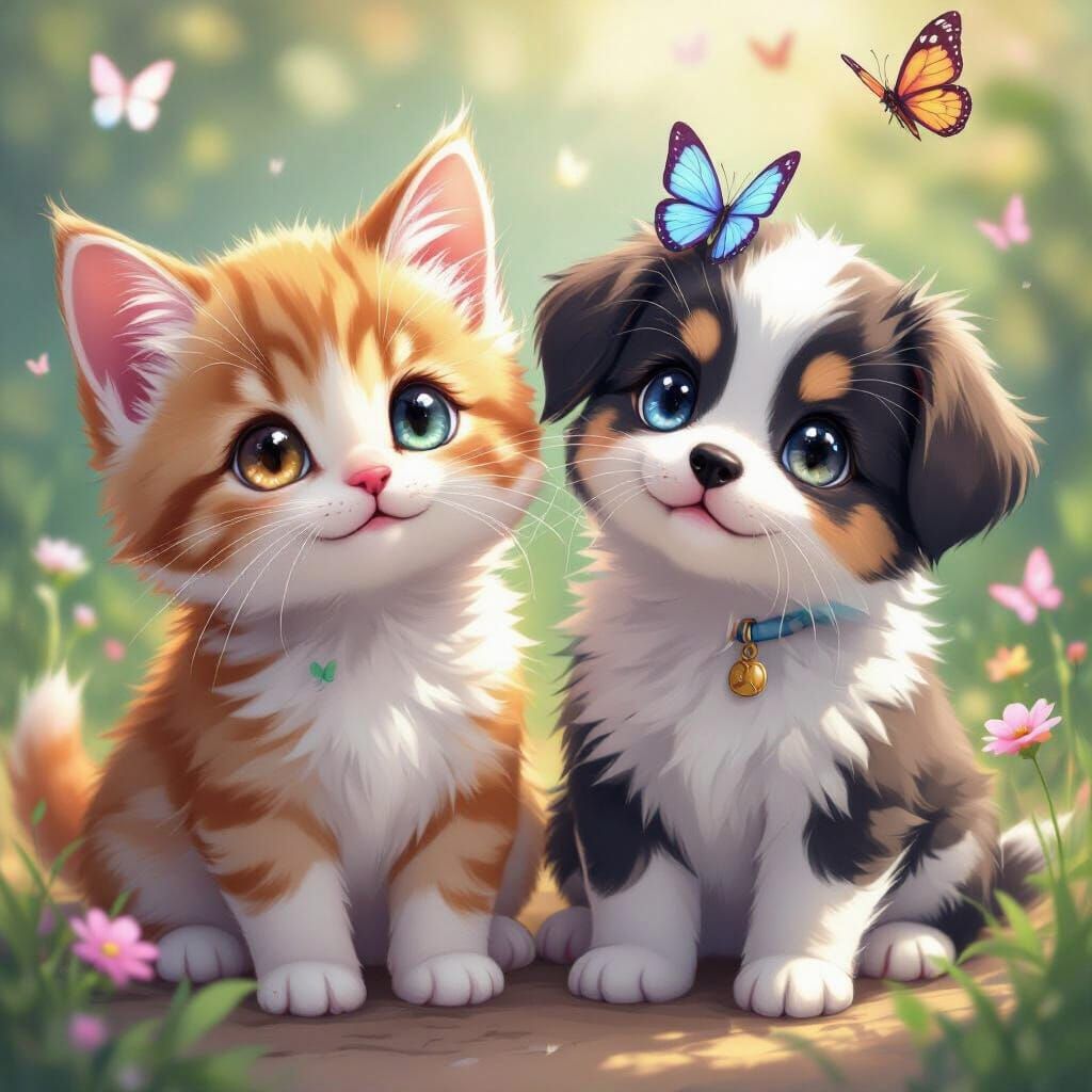 Anime-Style Kittens and Puppies with Butterflies