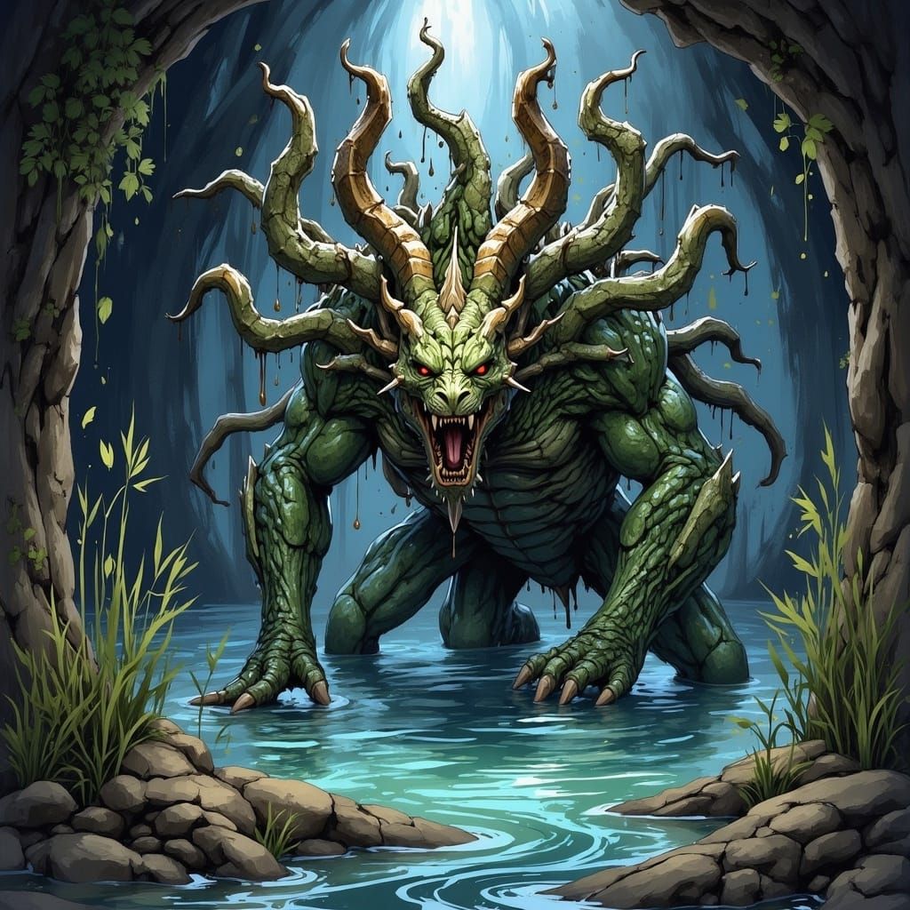 Hydra in Swampy Cave: Detailed Fantasy Illustration