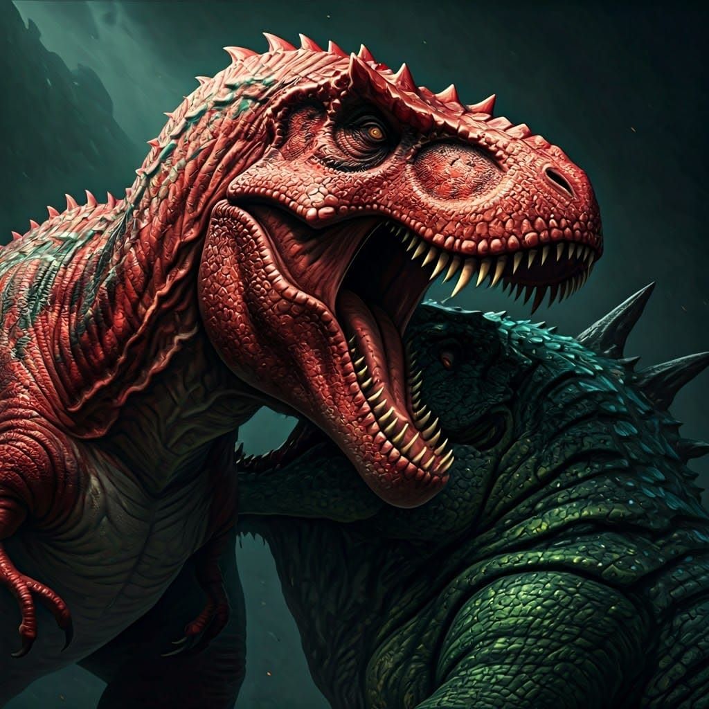 Scarlet T-Rex in Bioluminescent Battle, Digital Matte Painti...