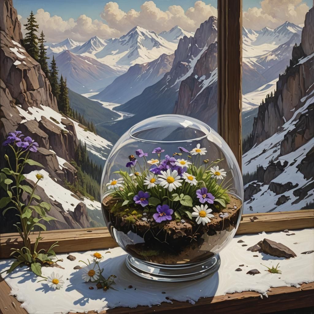 Terrarium Oil Painting with Violets and Snowy Mountains