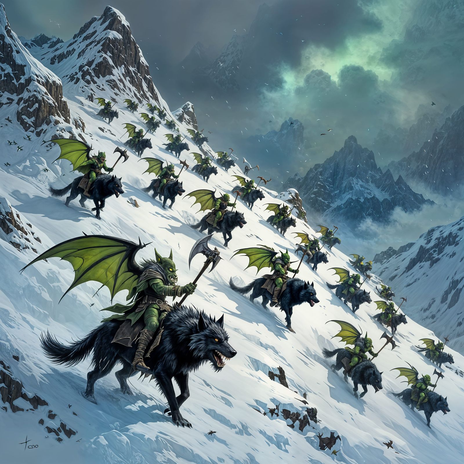 Green Goblins With Bat Wings Ride Wolves Down Snowy Mountain...