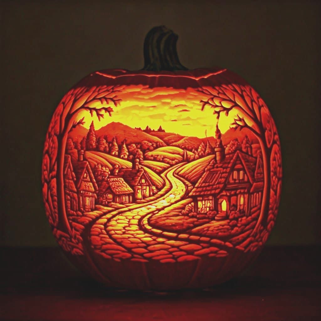 Folk Art Pumpkin Carving of Quaint Village