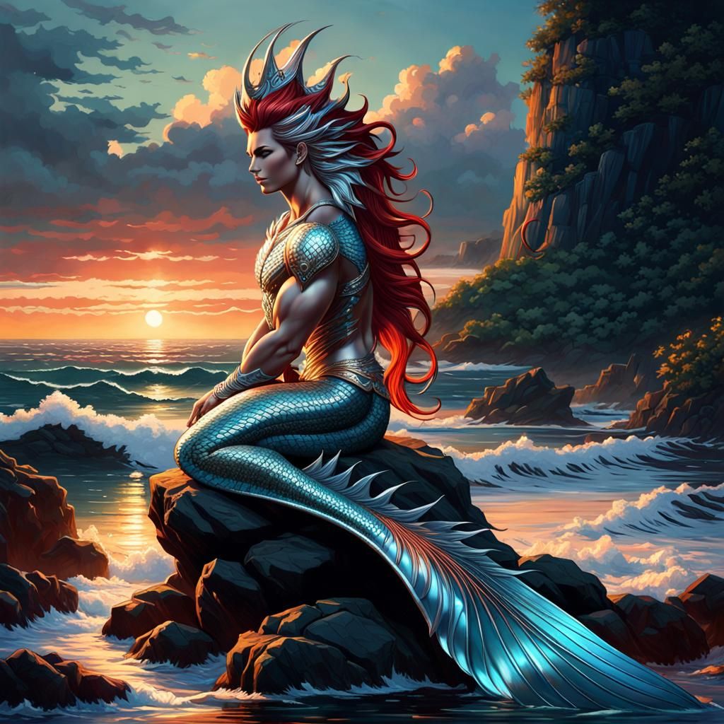 Merman with Red and Silver Hair, Dark Fantasy Art